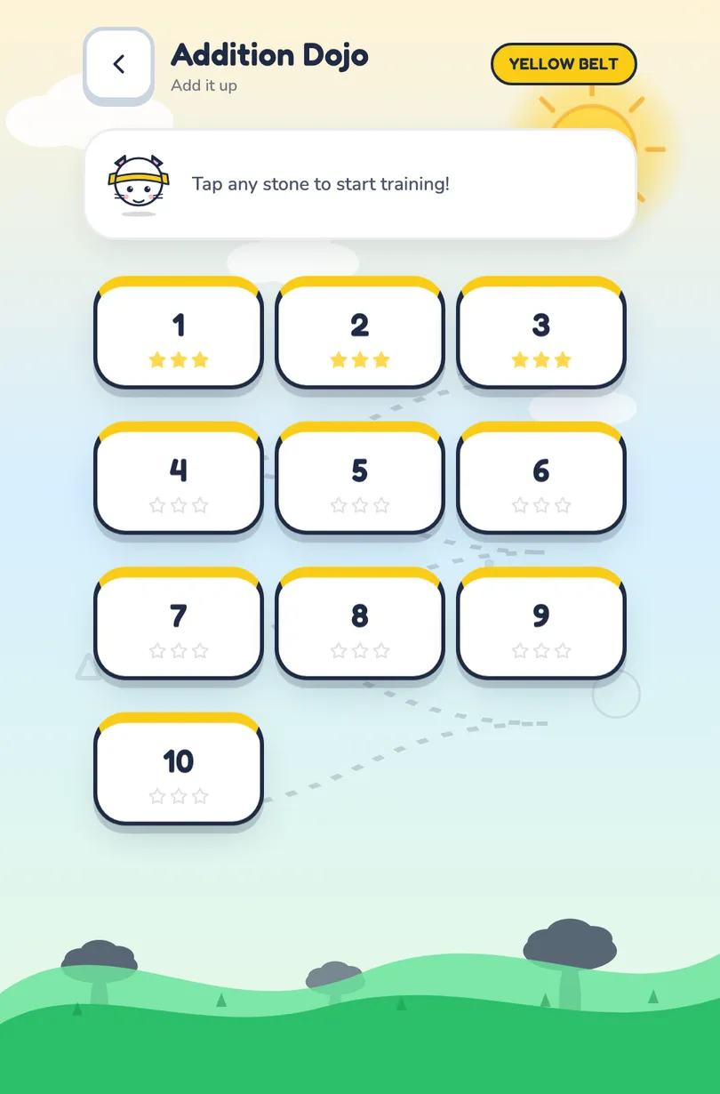 The Addition Dojo screen: ten numbered level stones, the first three showing three gold stars each, under a yellow belt badge.