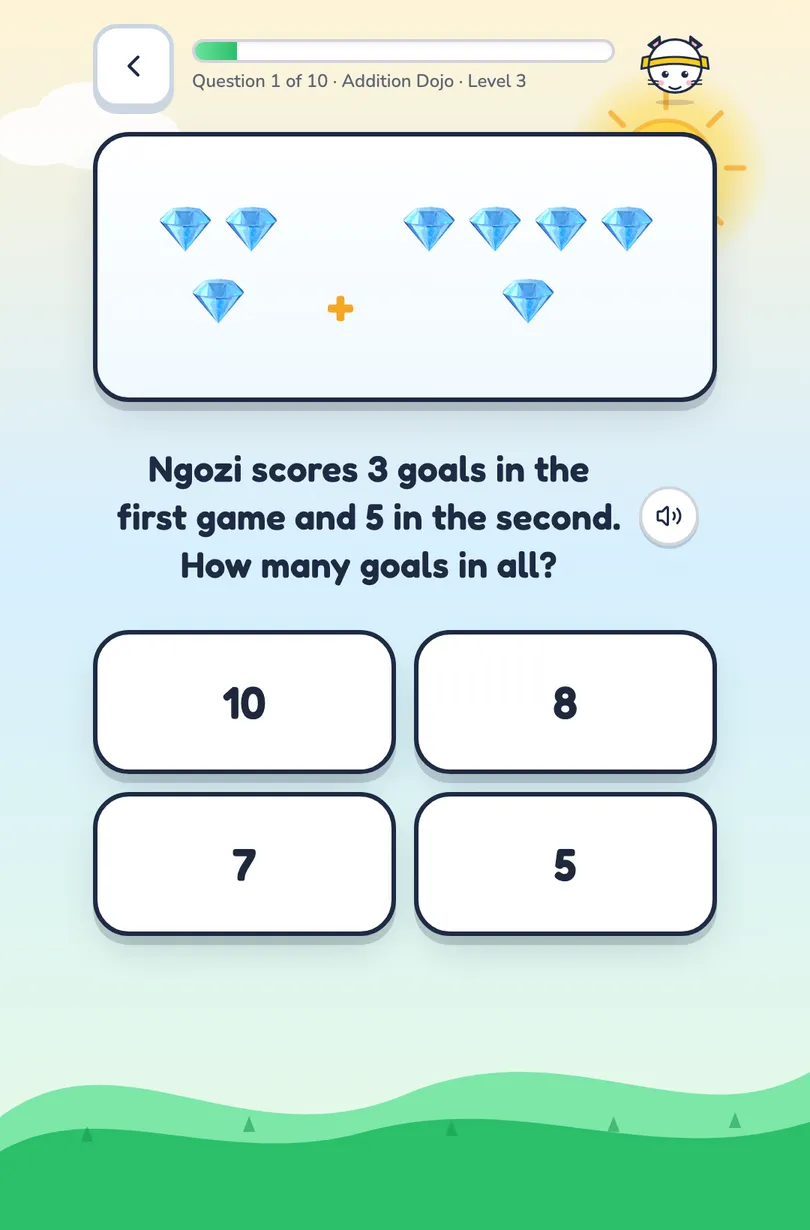 A level in progress: “Ngozi scores 3 goals in the first game and 5 in the second. How many goals in all?”, illustrated with three gems plus five, above four answer tiles.