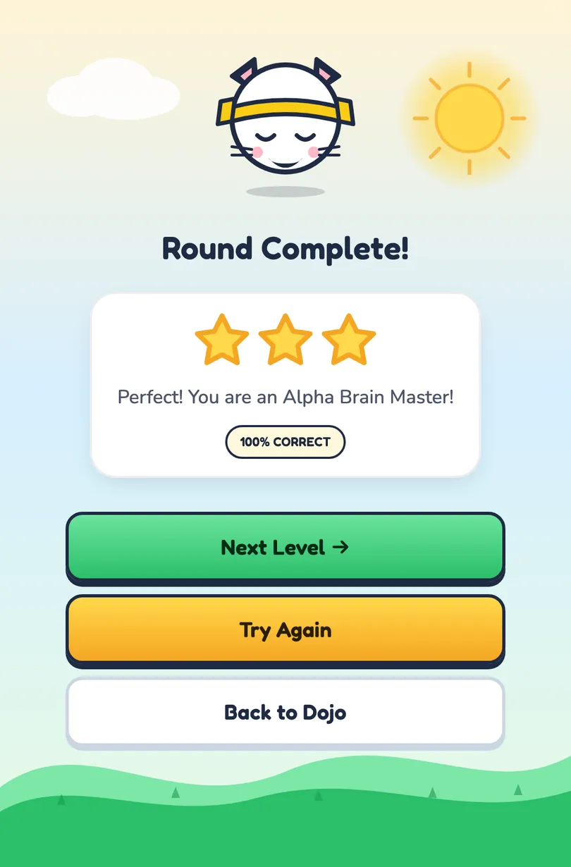 The results screen: three gold stars, “Perfect! You are an Alpha Brain Master!”, 100% correct, and a Next Level button.
